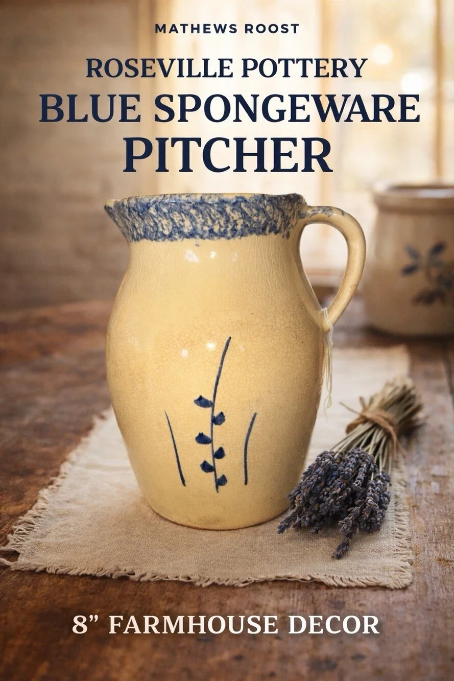 Roseville Pottery Blue Spongeware Stoneware Pitcher 8” Rustic Farmhouse
